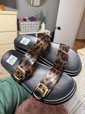Dolce Vita Leopard-Print Double Strap Slides with Gold Buckles